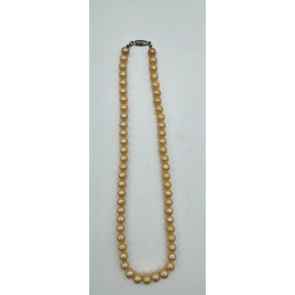 Vintage Japan Faux Pearl Necklace Champagne Single Strand Knotted Choker 15